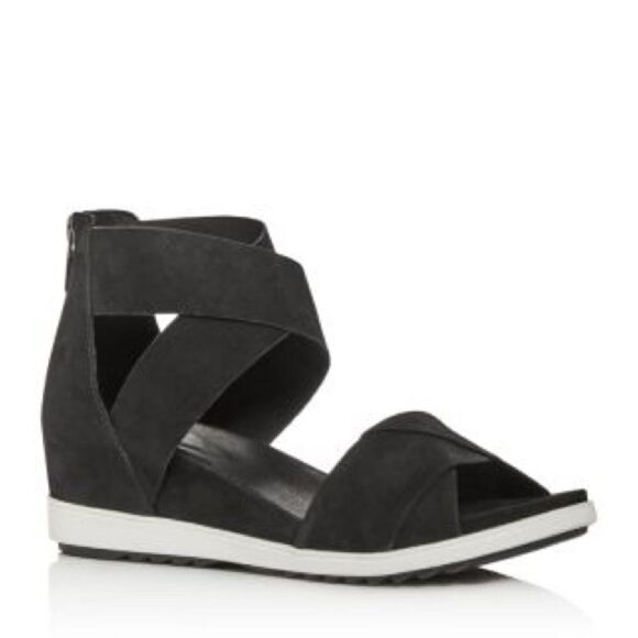 Eileen Fisher black leather Viv Criss Cross Wedge Sandals back zip shoes 11 - Picture 1 of 10